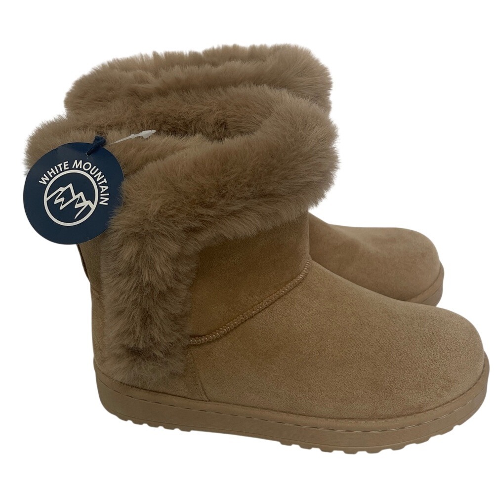 White Mountain Incher Tan Faux Fur Slip-On Boots Booties 6 NWT